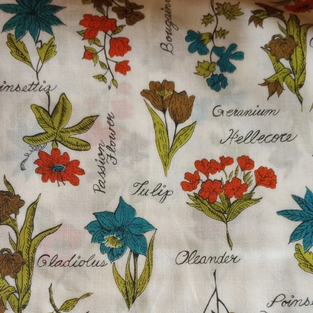 Cotton Blend Floral Fabric. White Red Aqua Green Brown. Marcus Brothers Textile